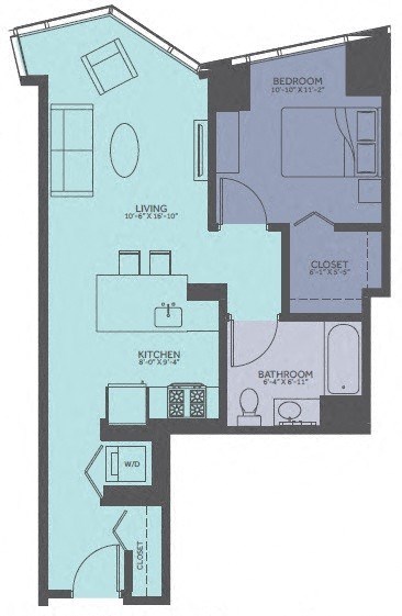 Floor plan for 1 bed, 1 bath, 710 sqft